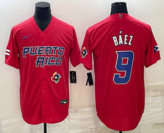 Mens Puerto Rico Baseball 9 Javier Baez 2023 Red World Baseball Classic Stitched Jerseys