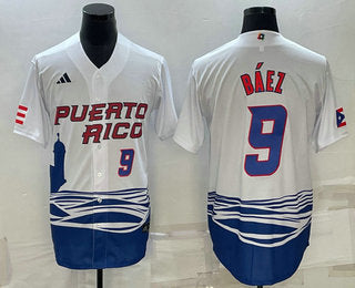Mens Puerto Rico Baseball 9 Javier Baez Number White 2023 World Baseball Classic Stitched Jersey