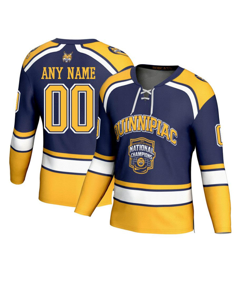 Men's Quinnipiac Bobcats Custom Navy Fashion 2023 National Champions Hockey Jers