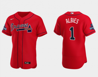 Mens Red Atlanta Braves 1 Ozzie Albies 2021 World Series Champions Flex Base Stitched Jersey