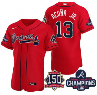 Mens Red Atlanta Braves 13 Ronald Acuna Jr 2021 World Series Champions With 150th Anniversary Flex Base Stitched Jersey