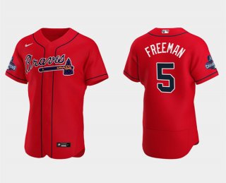 Mens Red Atlanta Braves 5 Freddie Freeman 2021 World Series Champions Flex Base Stitched Jersey