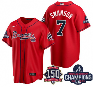Mens Red Atlanta Braves 7 Dansby Swanson 2021 World Series Champions With 150th Anniversary Patch Cool Base Stitched Jersey