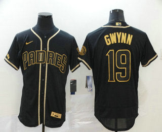 Mens San Diego Padres 19 Tony Gwynn Black With Gold Stitched Mlb Flex Base Nike Jersey