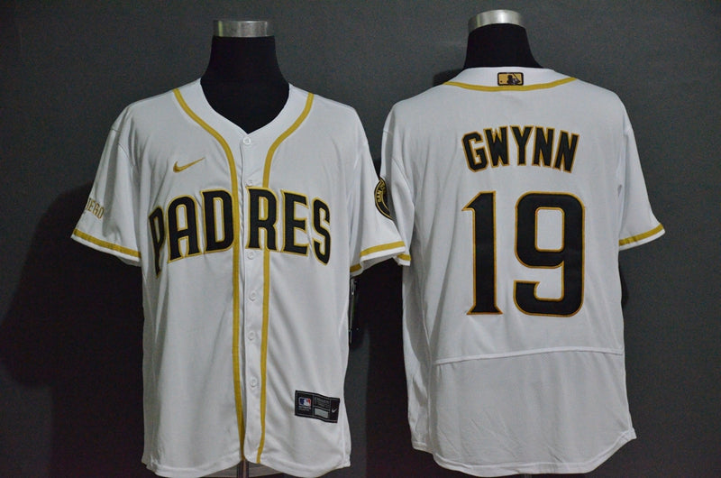 Mens San Diego Padres 19 Tony Gwynn White With Gold Stitched Mlb Flex Base Nike Jersey