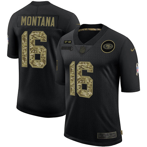 Mens San Francisco 49ers 16 Joe Montana 2020 Black Camo Salute To Service Limited Stitched Nfl Jersey