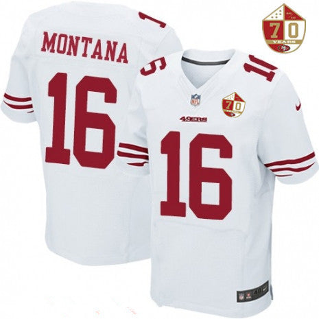 Mens San Francisco 49ers 16 Joe Montana White 70th Anniversary Patch Stitched Nfl Nike Elite Jersey