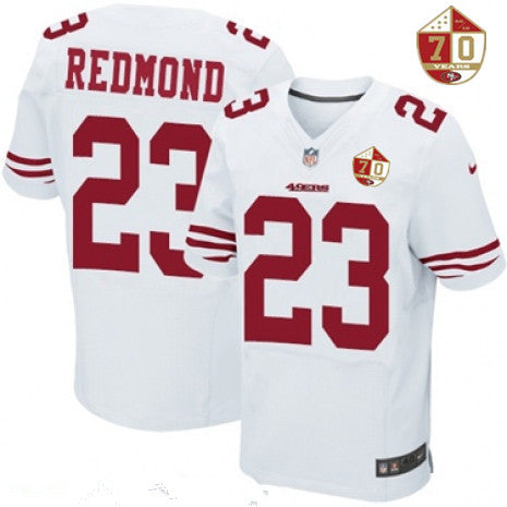 Mens San Francisco 49ers 23 Will Redmond White 70th Anniversary Patch Stitched Nfl Nike Elite Jersey