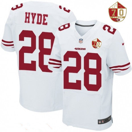Mens San Francisco 49ers 28 Carlos Hyde White 70th Anniversary Patch Stitched Nfl Nike Elite Jersey