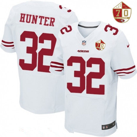Mens San Francisco 49ers 32 Kendall Hunter White 70th Anniversary Patch Stitched Nfl Nike Elite Jersey