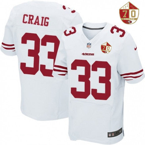 Mens San Francisco 49ers 33 Roger Craig White 70th Anniversary Patch Stitched Nfl Nike Elite Jersey