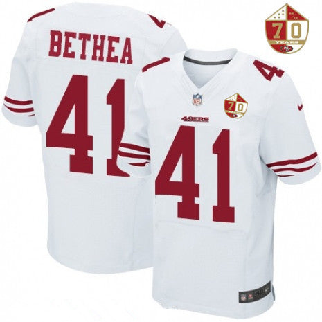 Mens San Francisco 49ers 41 Antoine Bethea White 70th Anniversary Patch Stitched Nfl Nike Elite Jersey