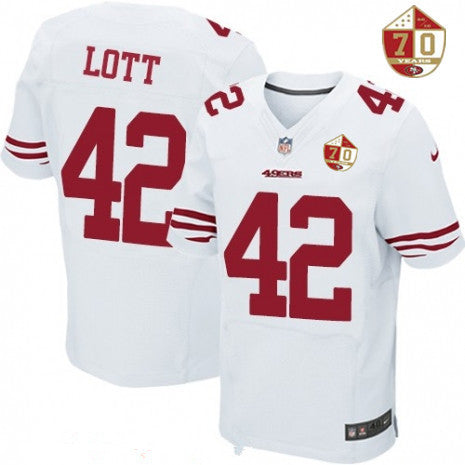 Mens San Francisco 49ers 42 Ronnie Lott White 70th Anniversary Patch Stitched Nfl Nike Elite Jersey