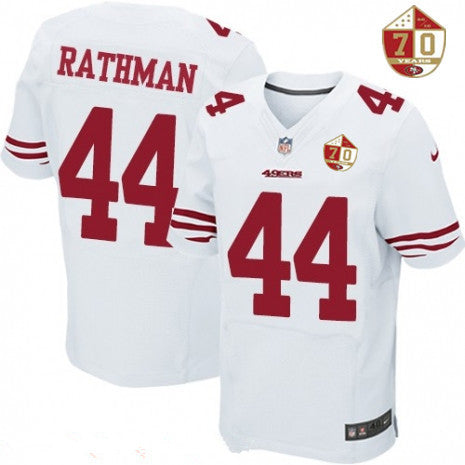 Mens San Francisco 49ers 44 Tom Rathman White 70th Anniversary Patch Stitched Nfl Nike Elite Jersey