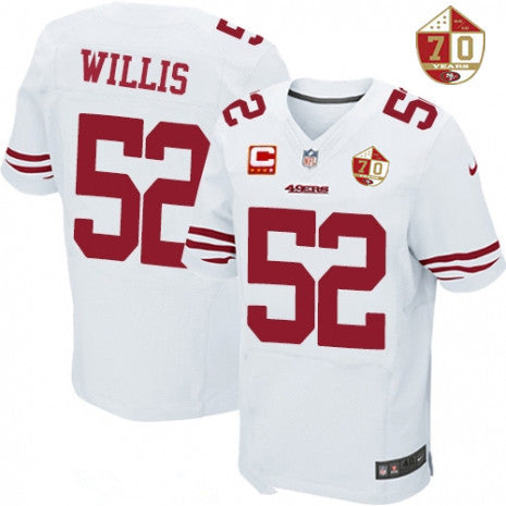 Mens San Francisco 49ers 52 Patrick Willis White 70th Anniversary Patch Stitched Nfl Nike Elite Jersey With C Patch