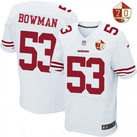 Mens San Francisco 49ers 53 Navorro Bowman White 70th Anniversary Patch Stitched Nfl Nike Elite Jersey