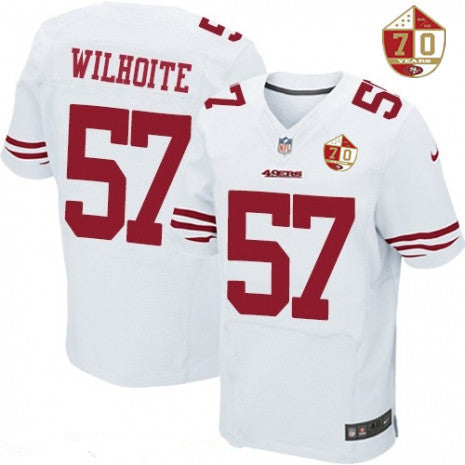 Mens San Francisco 49ers 57 Michael Wilhoite White 70th Anniversary Patch Stitched Nfl Nike Elite Jersey