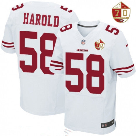 Mens San Francisco 49ers 58 Eli Harold White 70th Anniversary Patch Stitched Nfl Nike Elite Jersey
