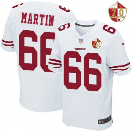 Mens San Francisco 49ers 66 Marcus Martin White 70th Anniversary Patch Stitched Nfl Nike Elite Jersey