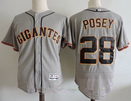 Mens San Francisco Giants 28 Buster Posey Gray Gigantes Stitched Mlb Majestic Flex Base Jersey