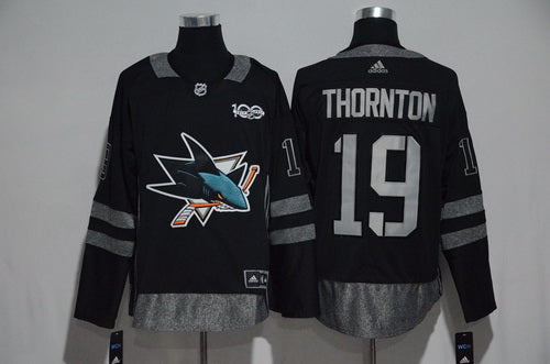 Mens San Jose Sharks 19 Joe Thornton Black 100th Anniversary Stitched Nhl 2017 Adidas Hockey Jersey
