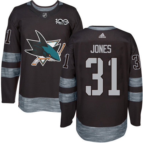 Mens San Jose Sharks 31 Martin Jones Black 100th Anniversary Stitched Nhl 2017 Adidas Hockey Jersey