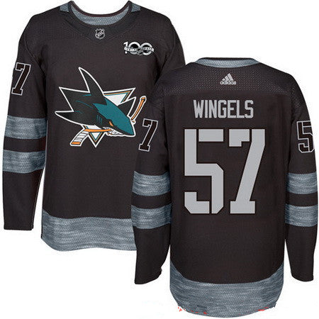 Mens San Jose Sharks 57 Tommy Wingels Black 100th Anniversary Stitched Nhl 2017 Adidas Hockey Jersey
