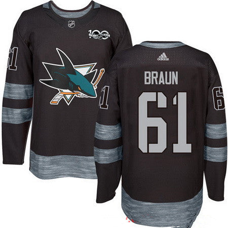 Mens San Jose Sharks 61 Justin Braun Black 100th Anniversary Stitched Nhl 2017 Adidas Hockey Jersey