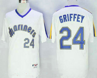 Mens Seattle Mariners 24 Ken Griffey Jr White Pullover Stitched Mlb Majestic 1984 Turn Back The Clock Jersey