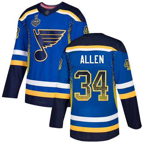 Mens St Louis Blues 34 Jake Allen Blue Home Authentic Drift Fashion 2019 Stanley Cup Final Bound Stitched Hockey Jersey