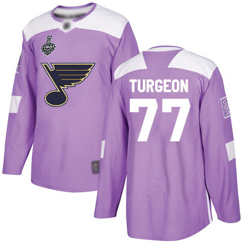 Mens St Louis Blues 77 Pierre Turgeon Purple Authentic Fights Cancer 2019 Stanley Cup Final Bound Stitched Hockey Jersey