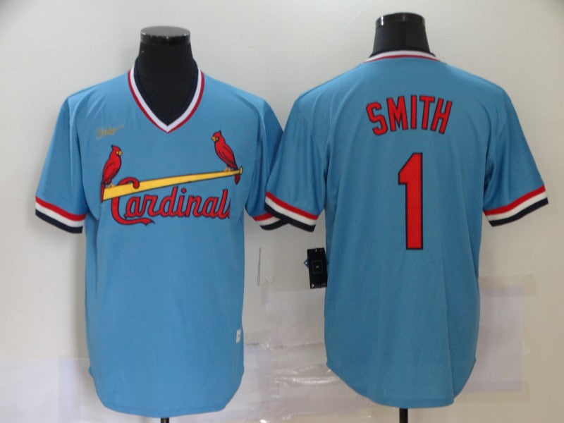 Mens St Louis Cardinals 1 Ozzie Smith Light Blue Pullover Cooperstown Collection Stitched Mlb Nike Jersey