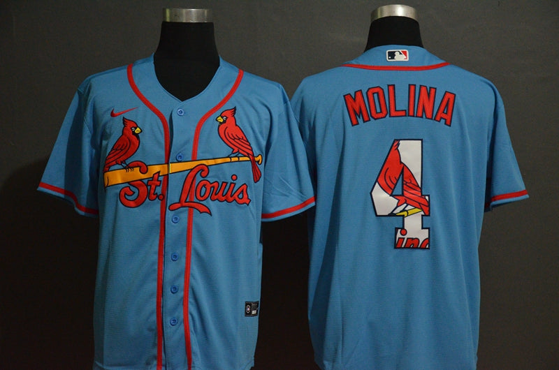 Mens St Louis Cardinals 4 Yadier Molina Light Blue Team Logo Stitched Mlb Cool Base Nike Jersey