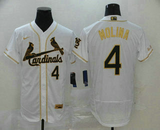 Mens St Louis Cardinals 4 Yadier Molina White With Gold Stitched Mlb Flex Base Nike Jersey