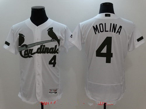 Mens St Louis Cardinals 4 Yadier Molina White With Green Memorial Day Stitched Mlb Majestic Flex Base Jersey