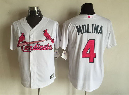 Mens St Louis Cardinals 4 Yadier Molina White With Pink 2016 Mothers Day Baseball Cool Base Jersey