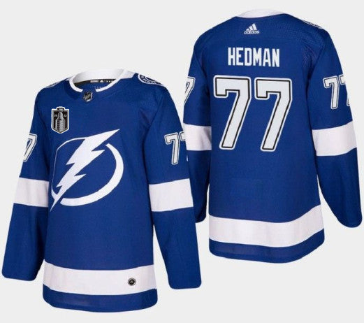 Mens Tampa Bay Lightning 77 Victor Hedman 2022 Blue Stanley Cup Final Patch Stitched Jersey