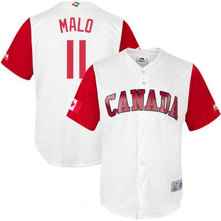 Mens Team Canada Baseball Majestic 11 Jonathan Malo White 2017 World Baseball Classic Stitched Replica Jersey