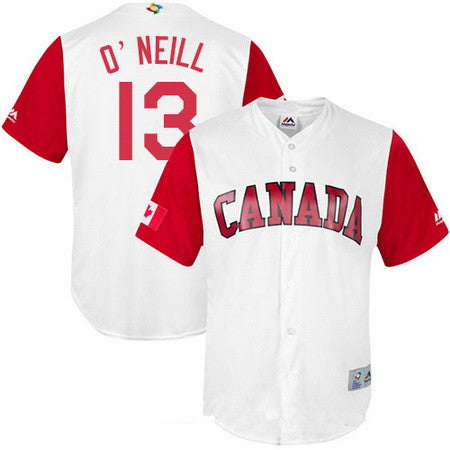Mens Team Canada Baseball Majestic 13 Tyler Oneill White 2017 World Baseball Classic Stitched Replica Jersey