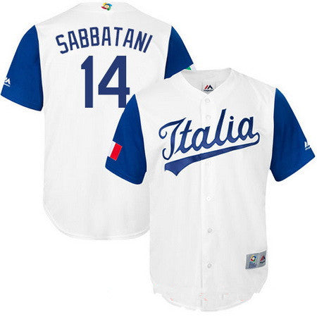 Mens Team Italy Baseball Majestic 14 Marco Sabbatani White 2017 World Baseball Classic Stitched Replica Jersey