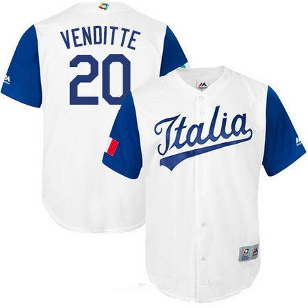 Mens Team Italy Baseball Majestic 20 Pat Venditte White 2017 World Baseball Classic Stitched Replica Jersey