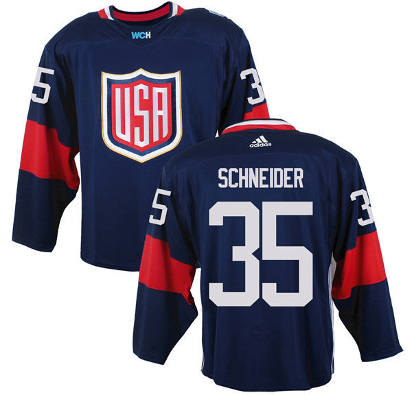 Mens Team Usa 35 Cory Schneider Navy Blue 2016 World Cup Of Hockey Game Jersey