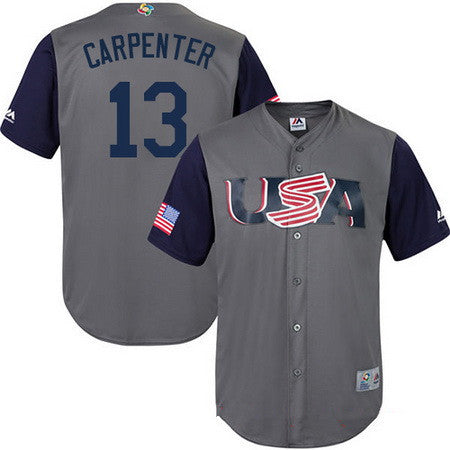 Mens Team Usa Baseball Majestic 13 Matt Carpenter Gray 2017 World Baseball Classic Stitched Replica Jersey