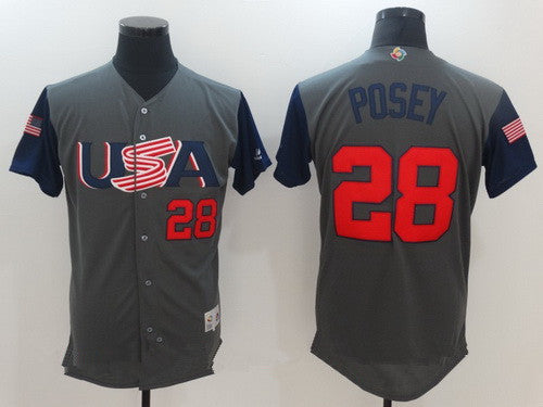 Mens Team Usa Baseball Majestic 28 Buster Posey Gray 2017 World Baseball Classic Stitched Authentic Jersey