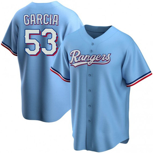 Mens Texas Rangers 53 Adolis Garcia Light Blue Cool Base Stitched Baseball Jersey