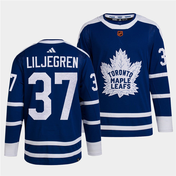 Mens Toronto Maple Leafs Black 37 Timothy Liljegren Blue 2022 Reverse Retro Stitched Jersey