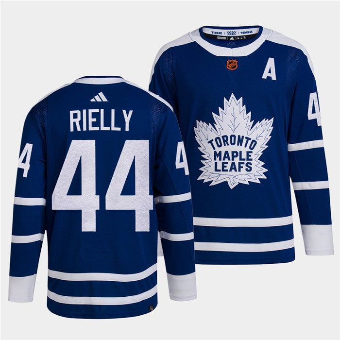 Mens Toronto Maple Leafs Black 44 Morgan Rielly Blue 2022 Reverse Retro Stitched Jersey