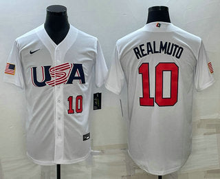 Mens Usa Baseball 10 Jt Realmuto Number 2023 White World Baseball Classic Stitched Jerseys