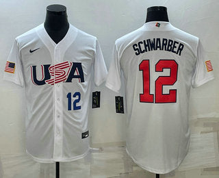 Mens Usa Baseball 12 Kyle Schwarber Number 2023 White World Baseball Classic Stitched Jersey