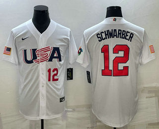 Mens Usa Baseball 12 Kyle Schwarber Number 2023 White World Baseball Classic Stitched Jerseys